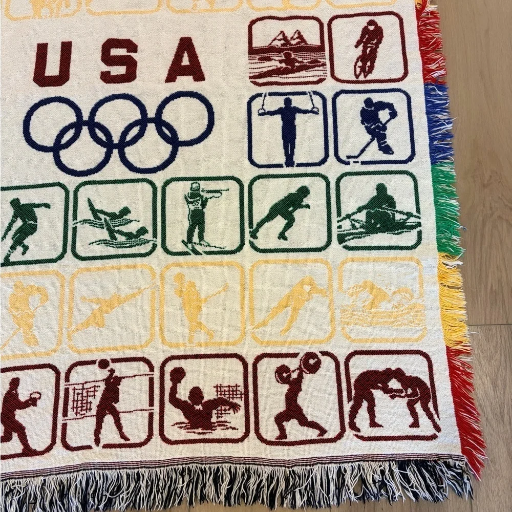 Vintage USA Olympics Knit Woven Multicolor Throw Blanket VERY RARE